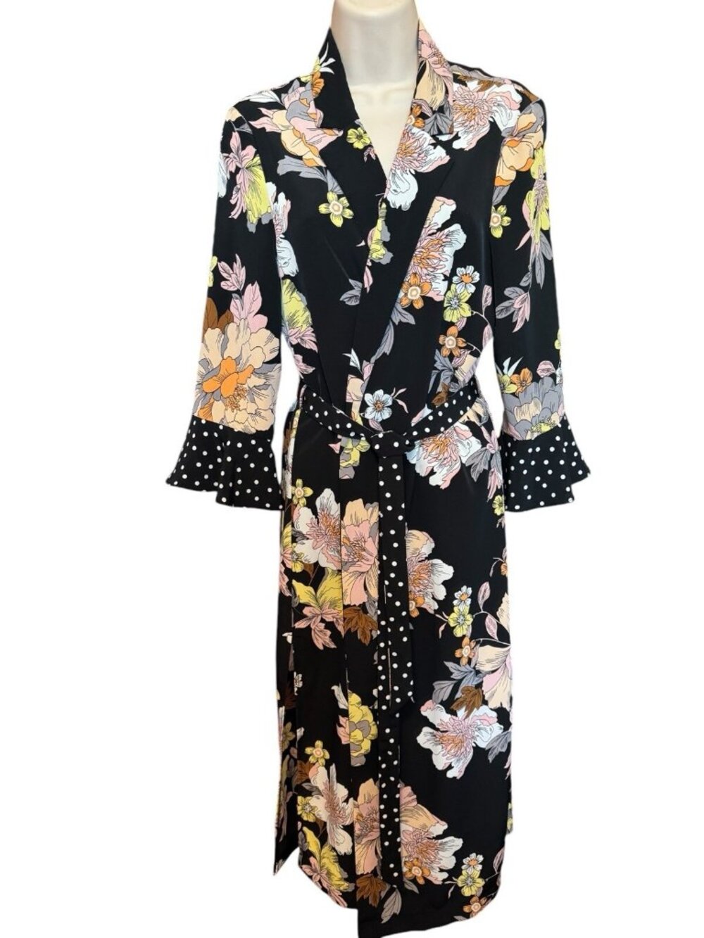 Roz & Ali Kimono Size M Black Floral Polka Dot Tie Waist Midi Length Robe Lounge